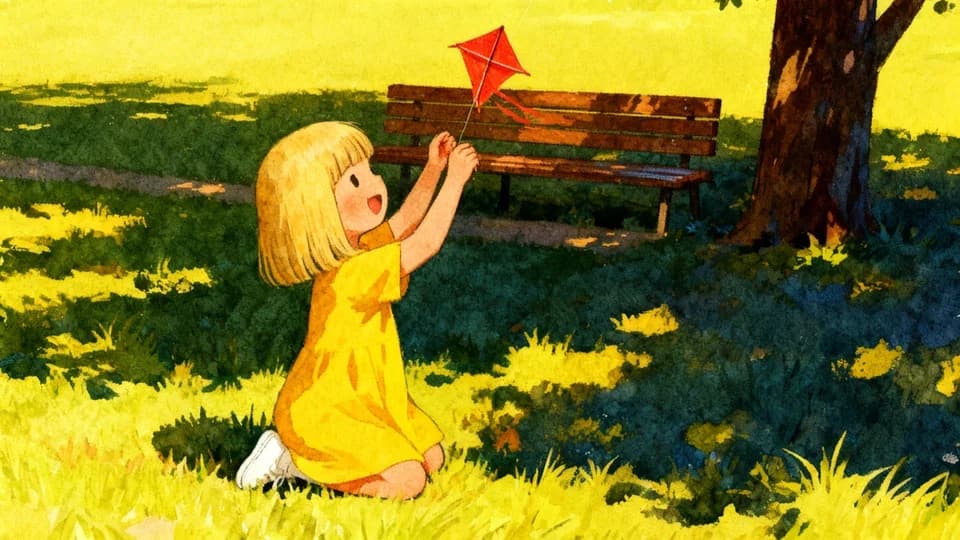 A girl flying a red kite in the park, storybook style